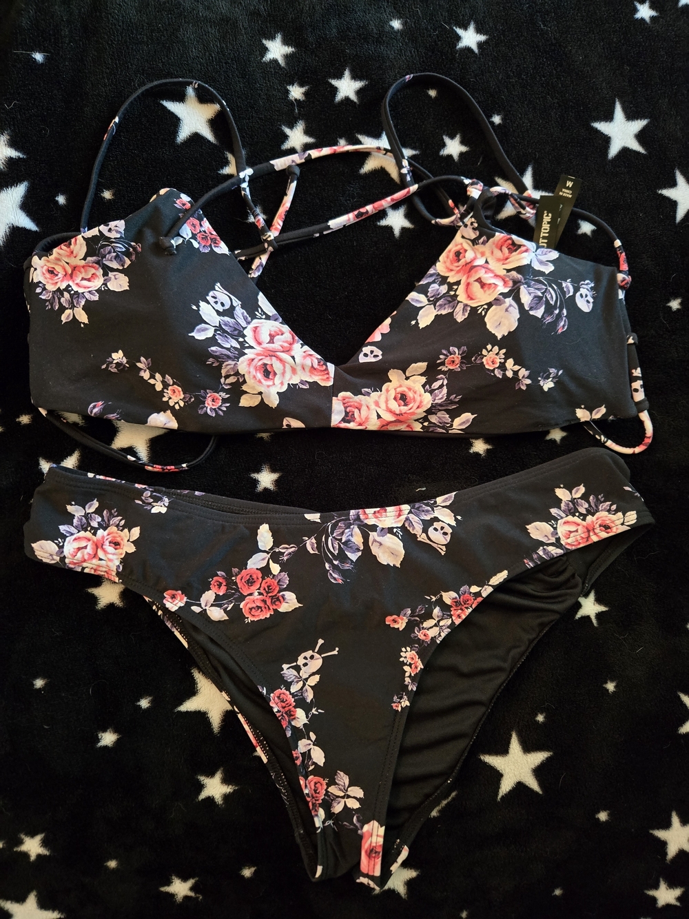 Hot Topic Black Floral Bikini Set with Pink Roses and Purple Leaves